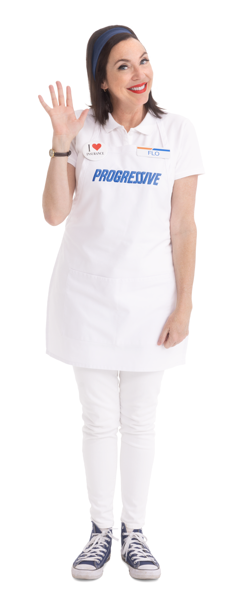 Flo waving in a white Progressive apron